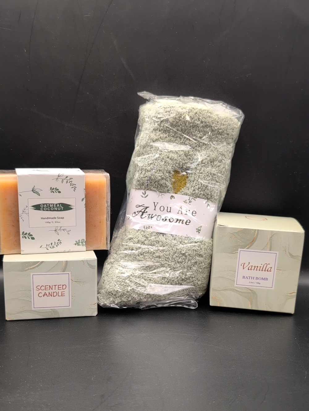 Self Care Gift Set with Vanilla Bath Bomb Scented Candle Fuzzy Socks and Soap